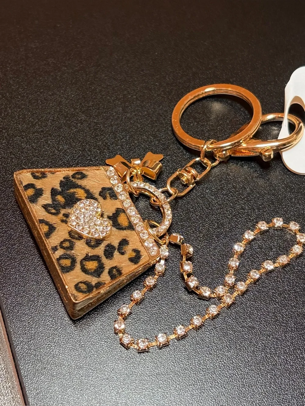 Leopard Print Purse Charm Keychain - Gold with Crystal Accents